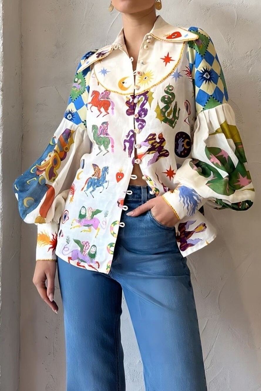 BOUTIQUE Top Size LARGE Art Print Statement Blouse Colorful Balloon Sleeve